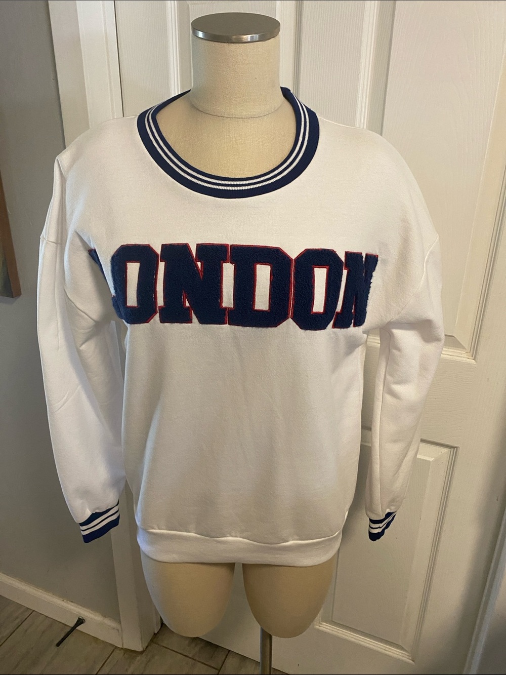 Freeze White Crewneck Sweatshirt with Navy & Red London Appliqué